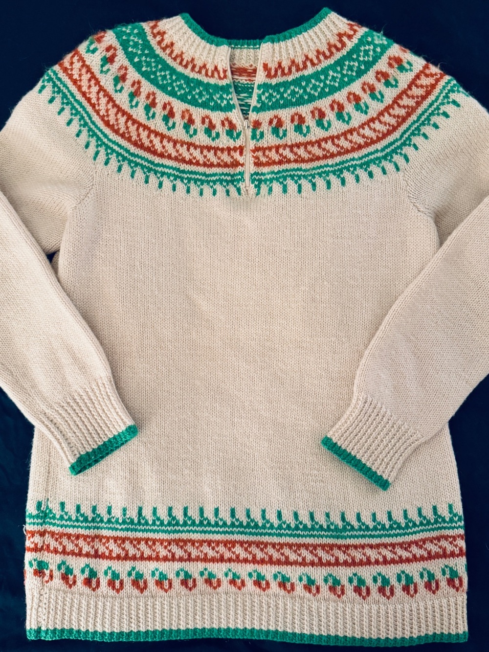 Cream Fair Isle Yoke Sweater with Teal and Rust Accents